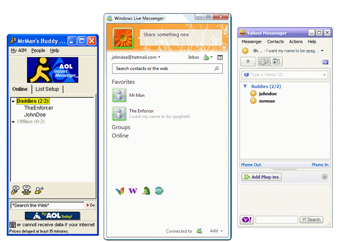 Windows Live Messenger 2011, Yahoo! Messenger 8.1, and AOL Instant Messenger 4.3 connected to CrossTalk